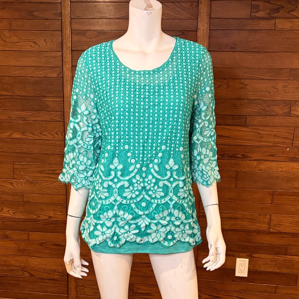 Isaac Mizrahi Teal Floral Lace Blouse